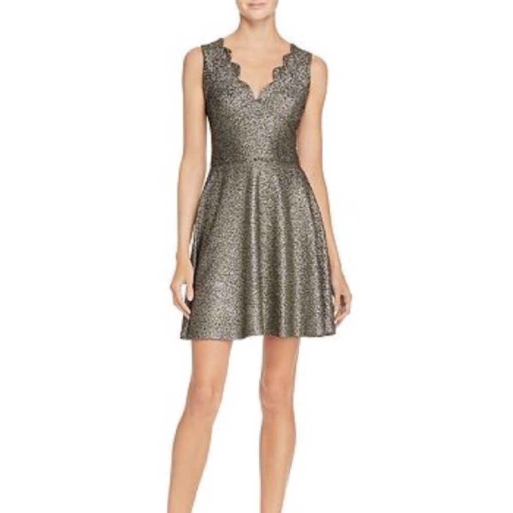 Aqua black and gold scalloped neck dress